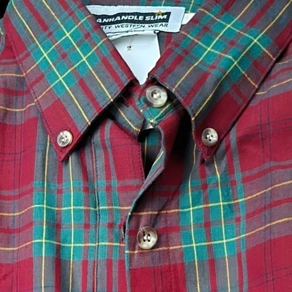 NEW Panhandle Slim quality western wear mens Plaid Shirt Red Green Slim Fit‎